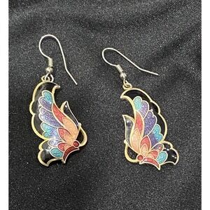Vintage Boho Cloisonné Handmade Enamel Butterfly Wing Earrings Costume